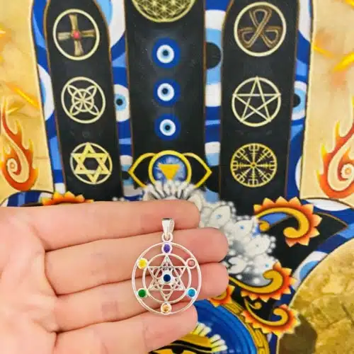 Pandantiv cubul lui metatron si cristale de stanca in culorile celor 7 chakre (3)