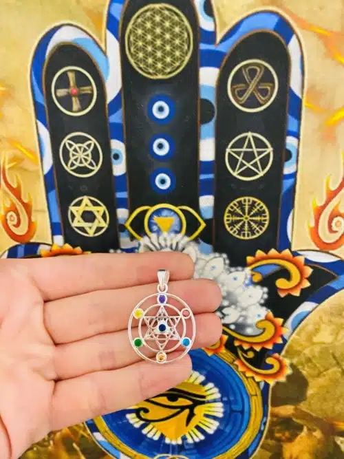Pandantiv Cubul Lui Metatron Si Cristale De Stanca In Culorile Celor 7 Chakre (3)