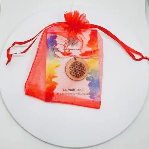 Martisor cu simbol gravat pe banut din lemn prezentare saculet de organza